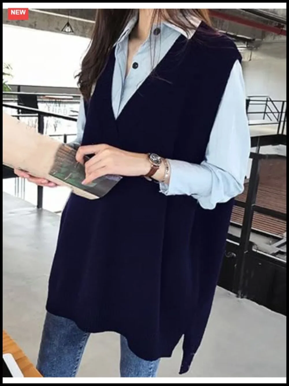 Oversized Knit Long Sweater Vest Deep V Neck Side Split Womens Sleeveless